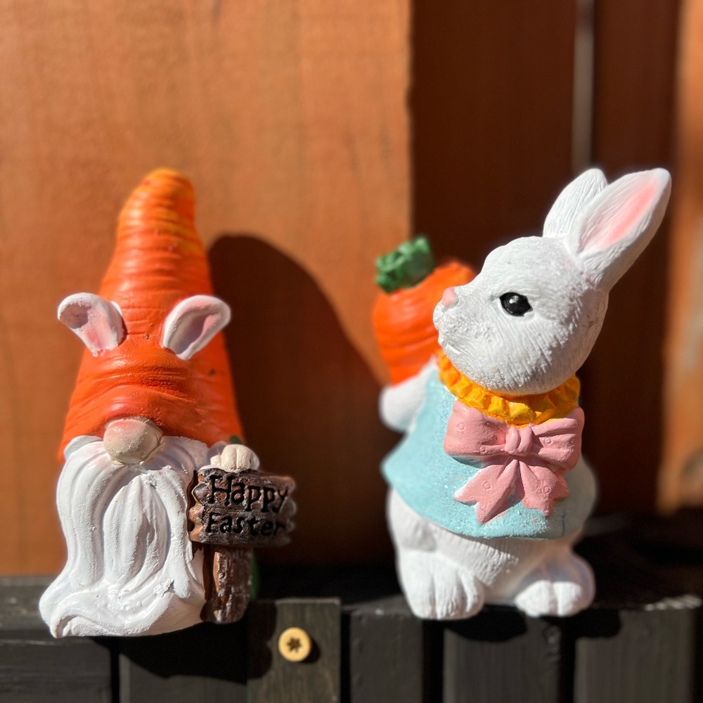 Easter Bunny and Cement Gnome Figurine Set